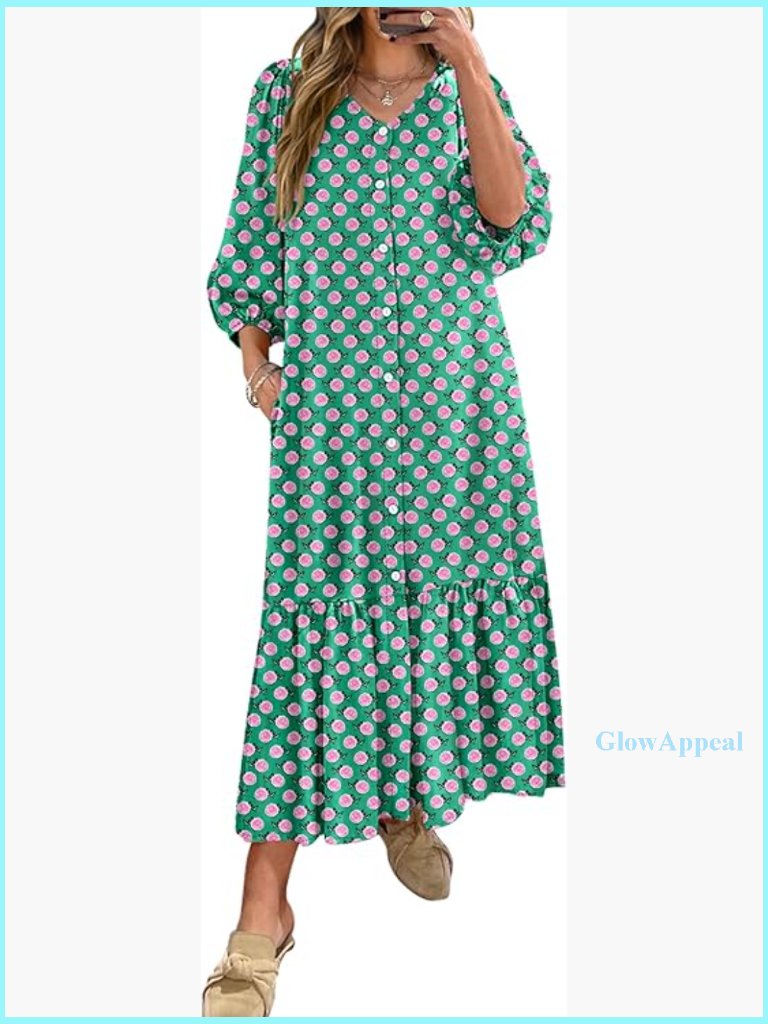 Rayon Maxi Dress With Puff Sleeves V-Neck Pockets Loose Fit Summer